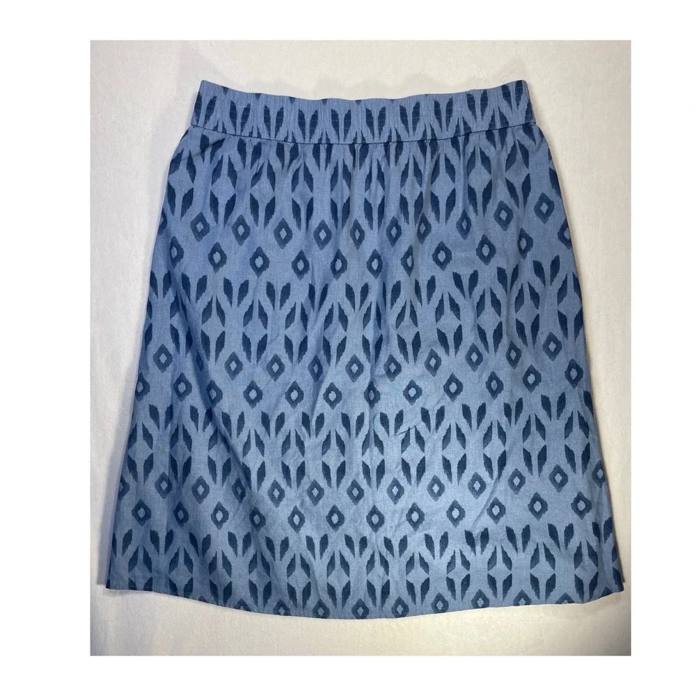 linen‎ blend blue ikat print midi skirt pockets L boho coastal cottage summer